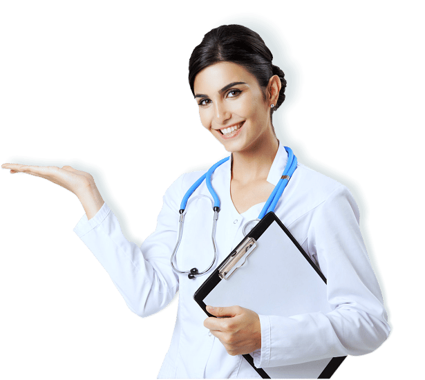 cheerful female doctor smiling and gesturing in welcome with one hand while holding a clipboard in the other